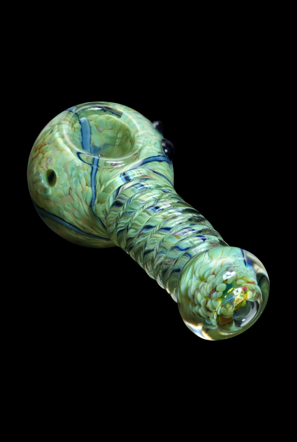 Hand-blown glass pipe with swirling green and blue patterns.