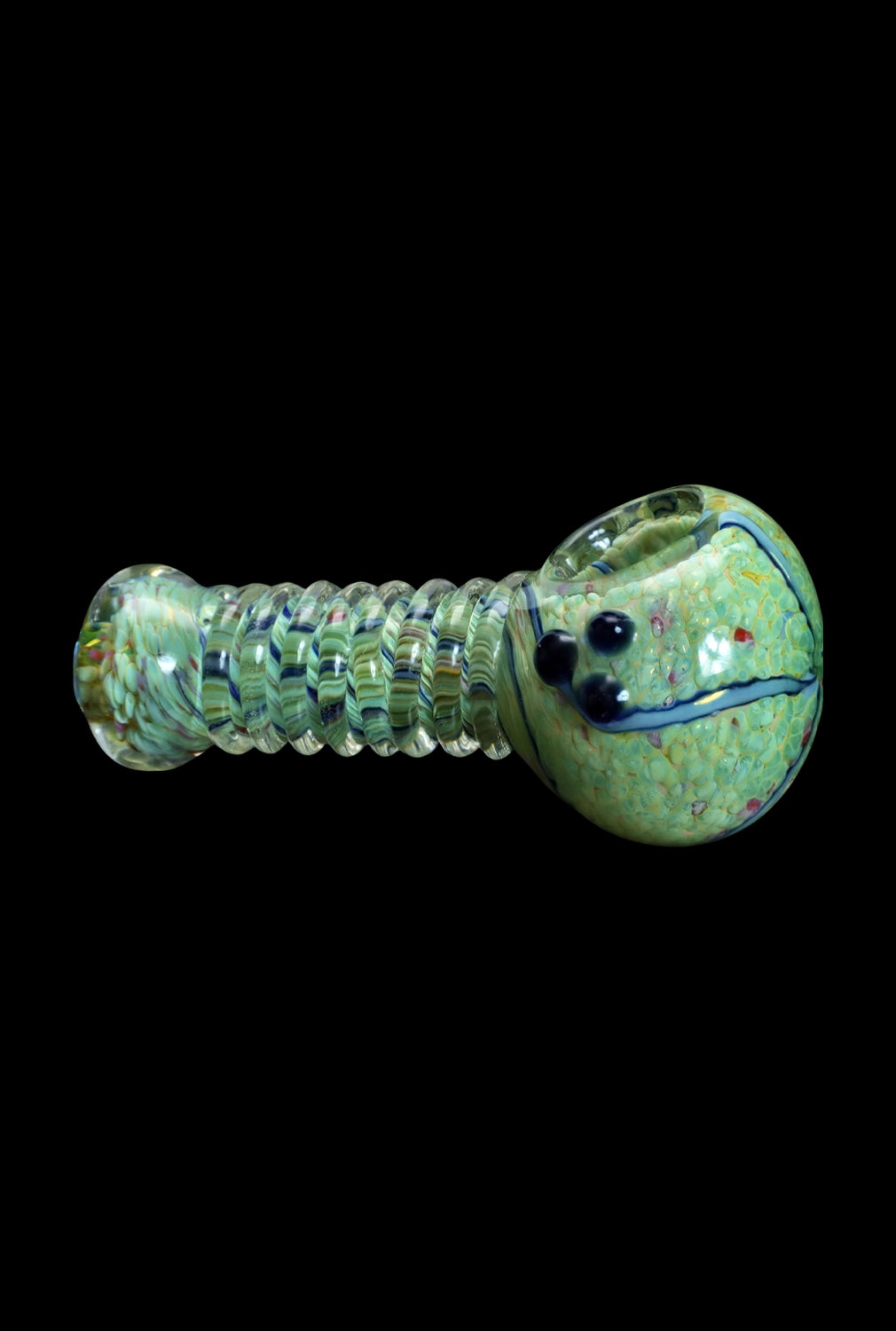 Green glass pipe with colorful swirling patterns and a sculpted face on the bowl.