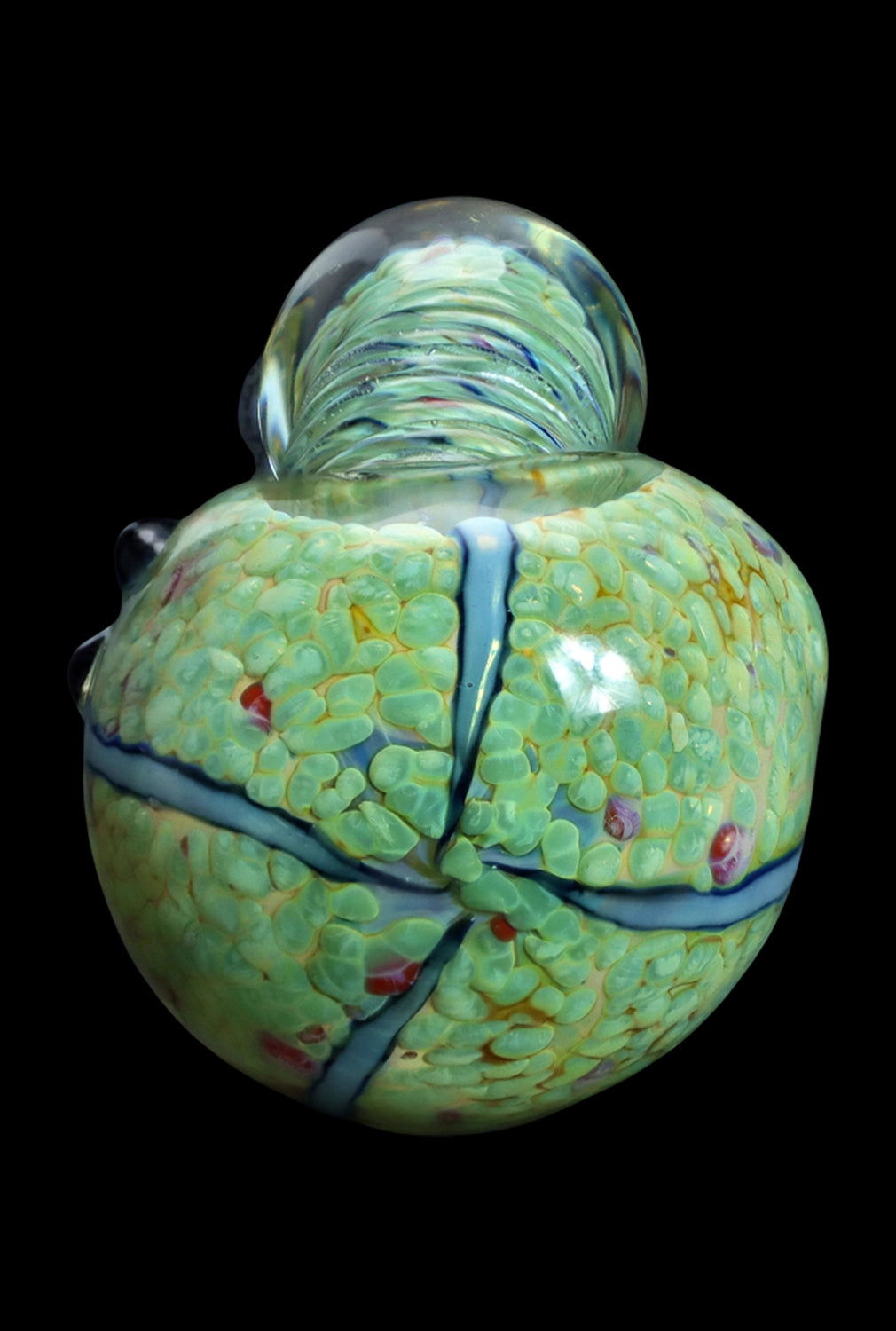 Green and blue patterned glass cannabis water pipe.