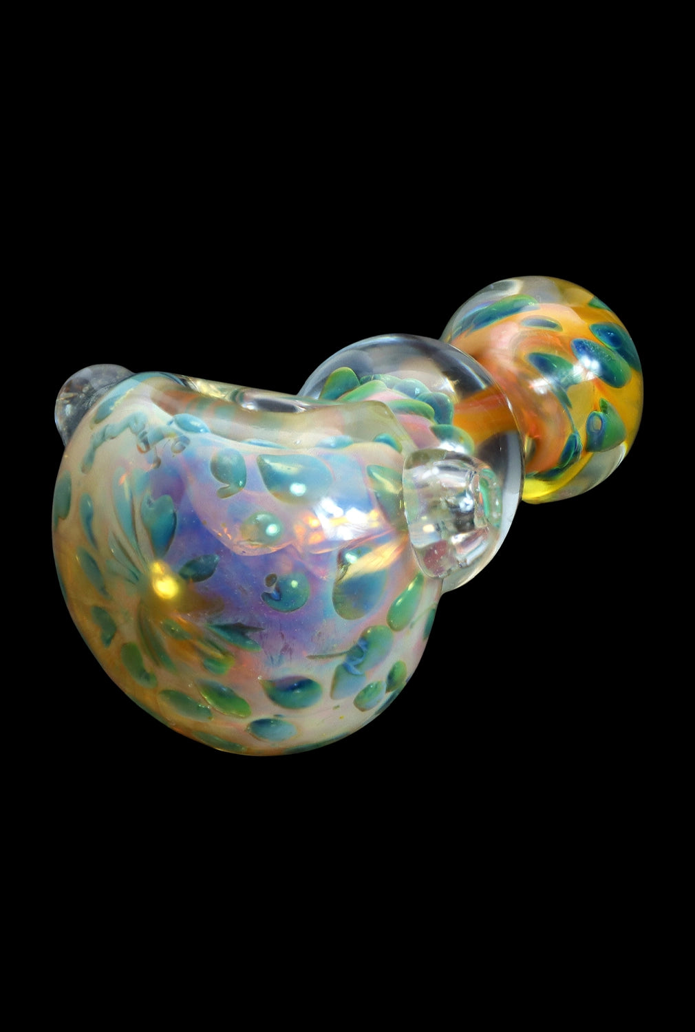 Iridescent glass cannabis water pipe with bubbly, colorful design on a black background.