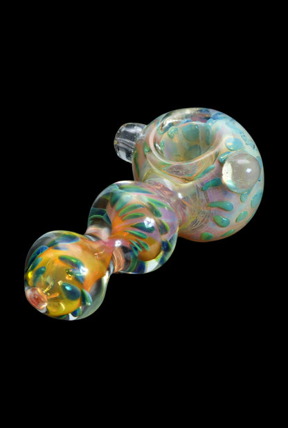 Hand-blown glass pipe with iridescent swirls and vibrant colors.