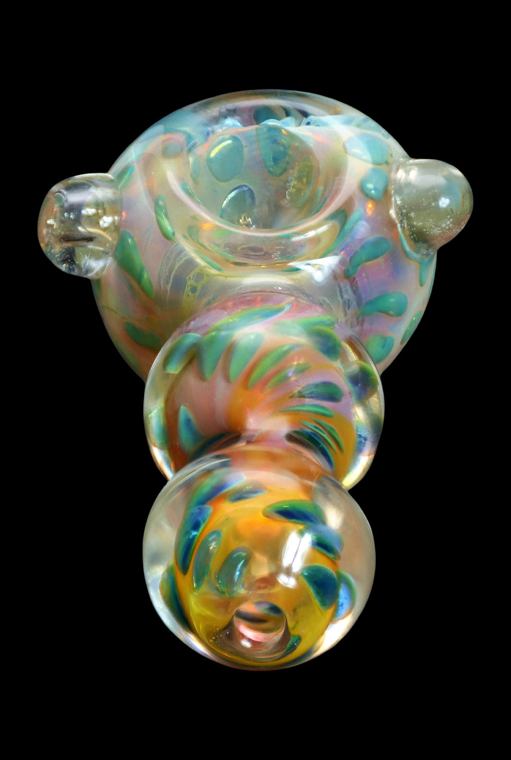 Hand-blown glass bubbler with iridescent swirls.