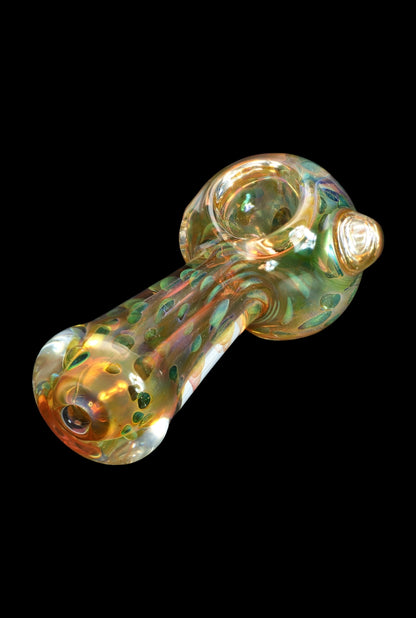 Hand pipe with iridescent green and gold glass.