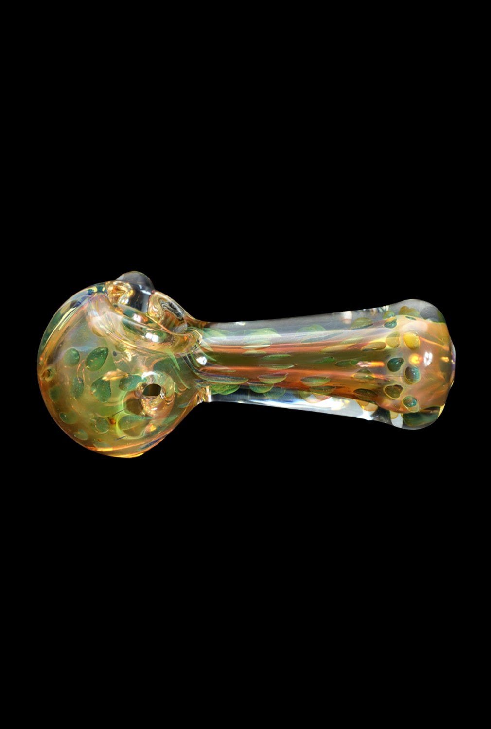 Hand pipe with colorful glass swirls.