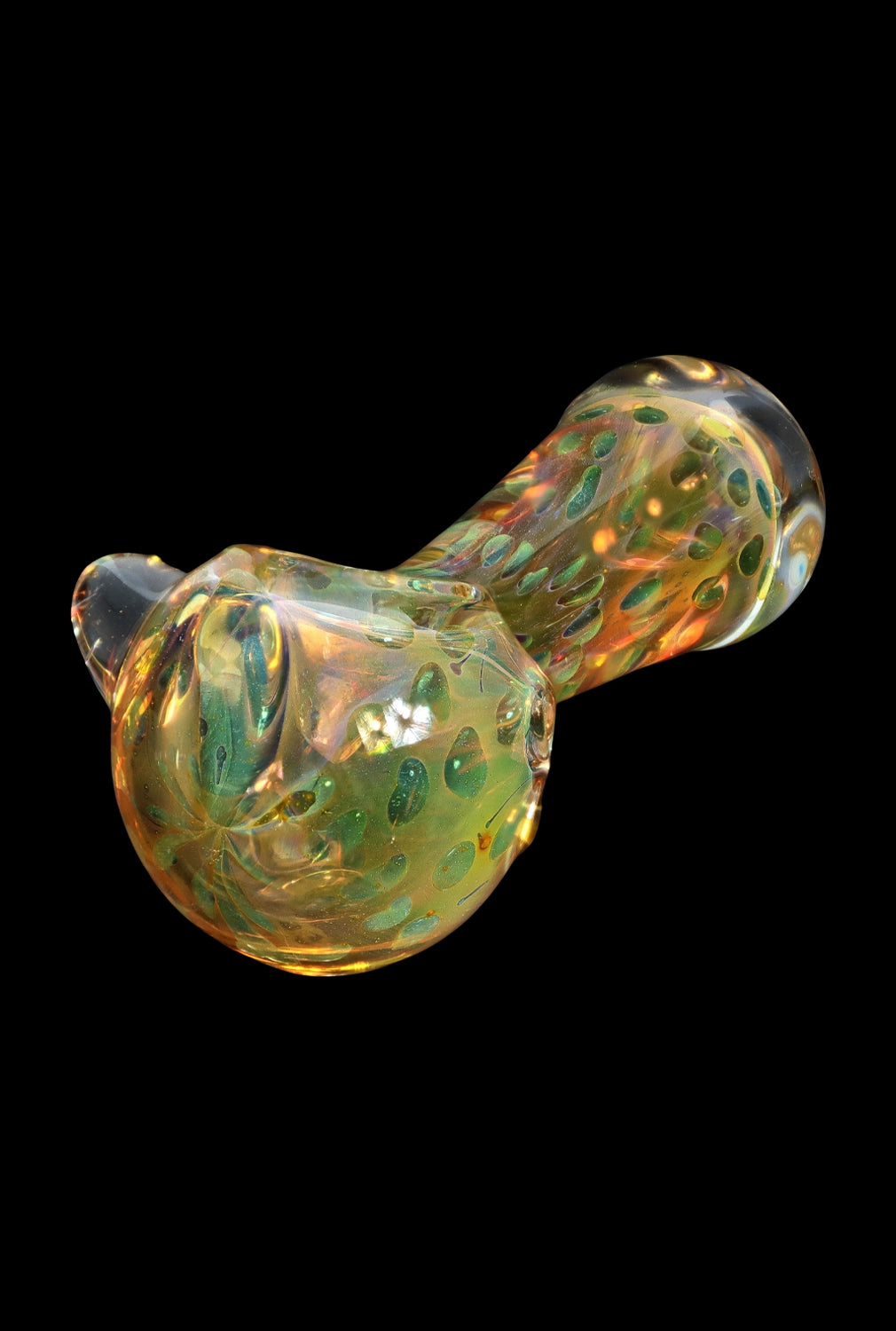 Hand-blown glass pipe with vibrant green and orange swirls against a black background.