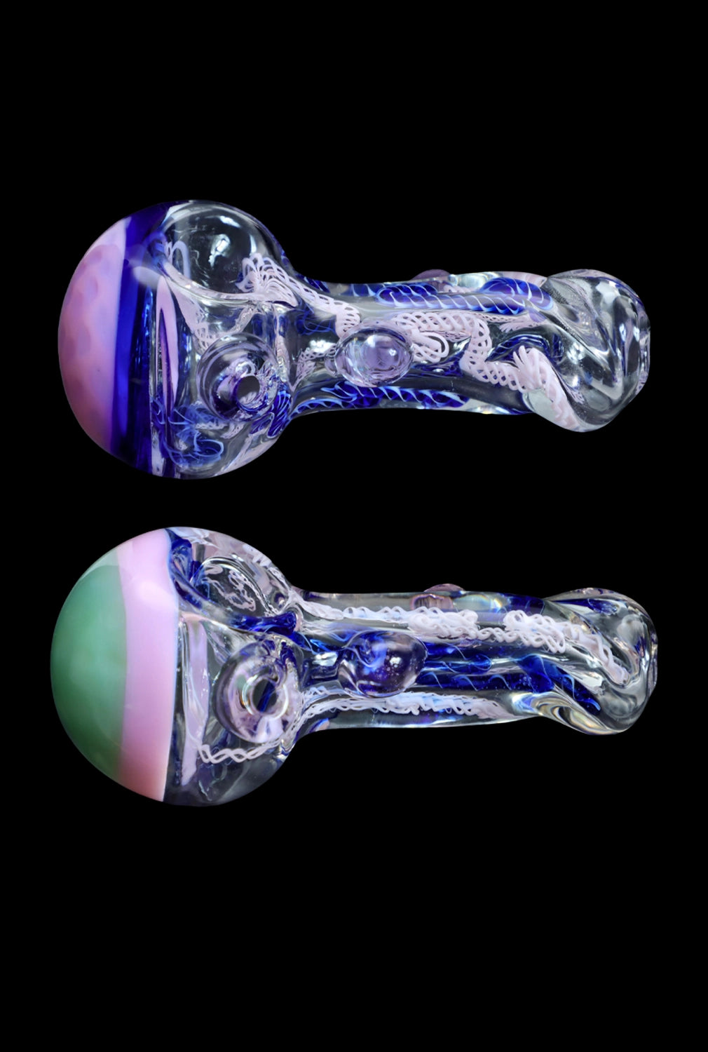 Two glass pipes with intricate blue and purple swirls, set against a black background.