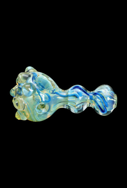 Glass pipe with swirling blue and iridescent finish.