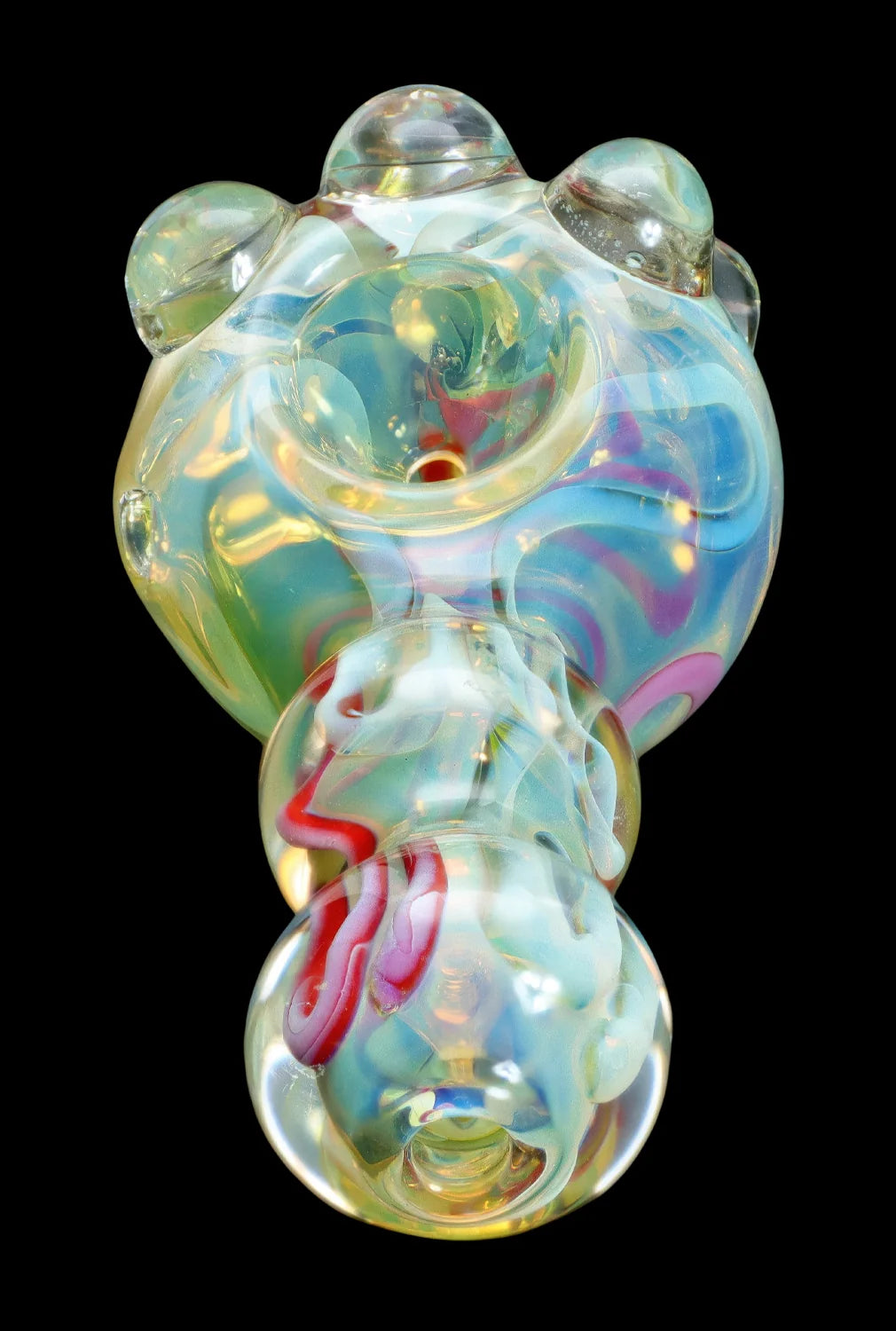 Hand-blown glass pipe with swirling iridescent colors.