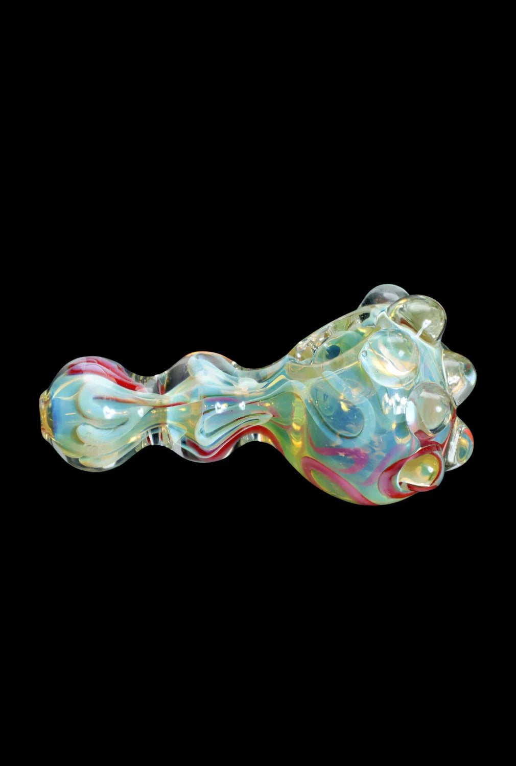 Iridescent glass pipe for smoking cannabis, isolated on black.