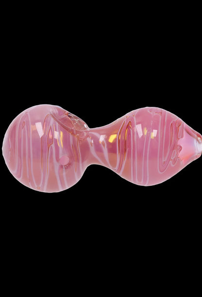 Pink glass cannabis pipe with swirling patterns.
