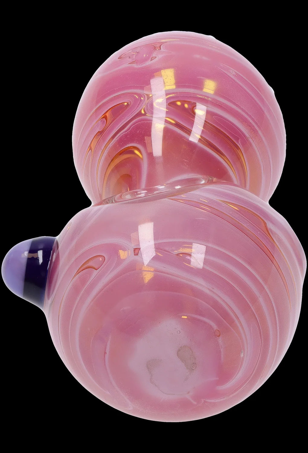 Pink glass bubbler with blue mouthpiece.