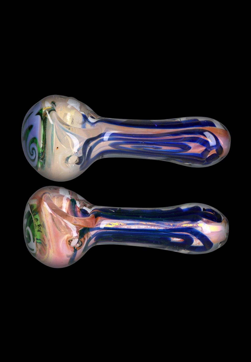 A close-up, angled view of the Wig Wag Bowl with Wig Wag Horn, showcasing its colorful glass design.