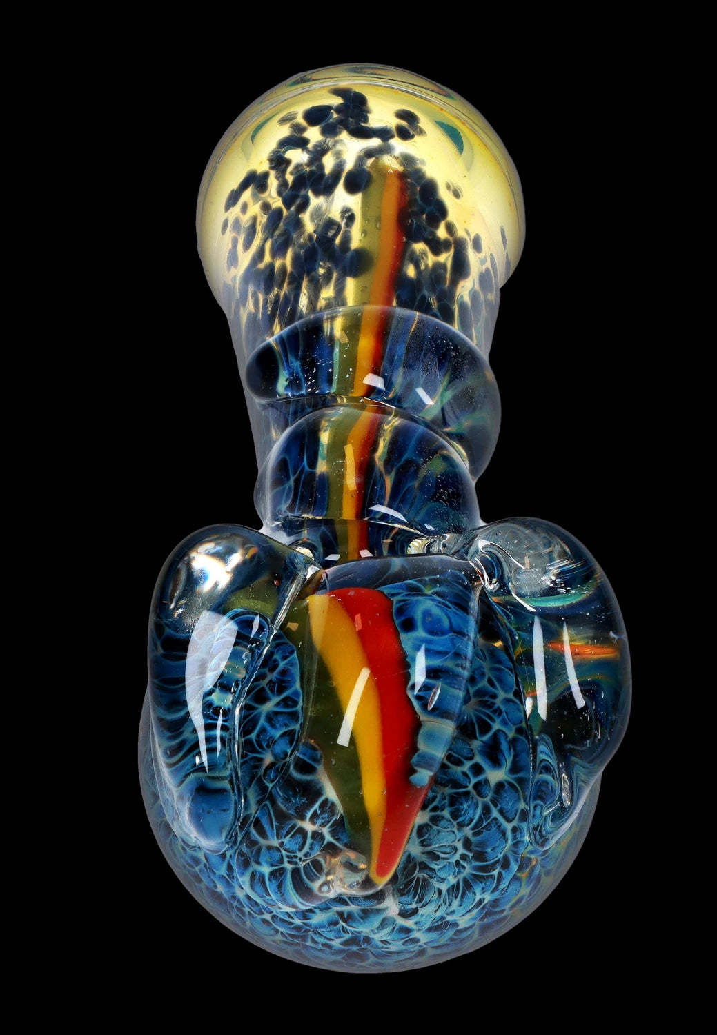 Front view of the 4.5-inch Fancy Stem Spoon Pipe, showcasing a vibrant, swirling glass design against a black background.