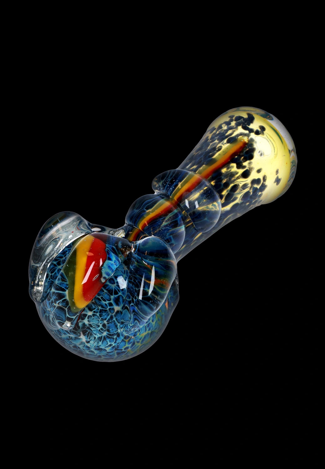 A close-up, angled view of the 4.5-inch Fancy Stem Spoon Pipe, showcasing its colorful glass swirl design.