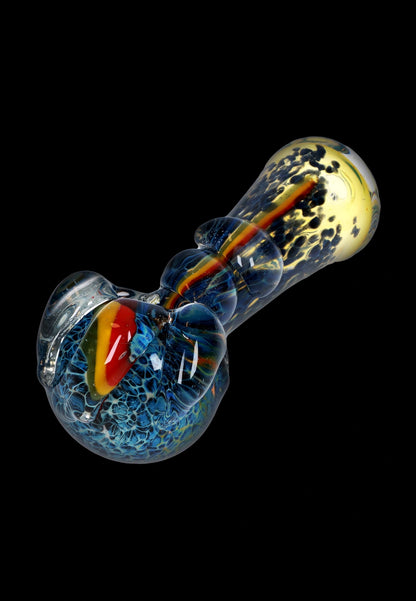 A close-up, angled view of the 4.5-inch Fancy Stem Spoon Pipe, showcasing its colorful glass swirl design.