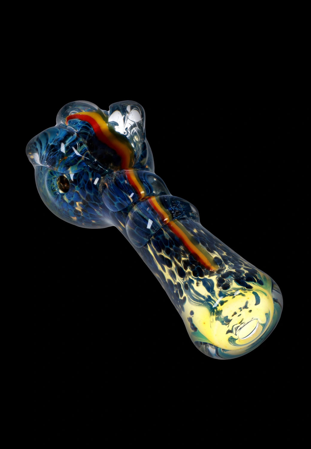 A detailed close-up of the Fancy Stem Spoon Pipe - 4.5 in., showing colorful glass swirls and a curved design.