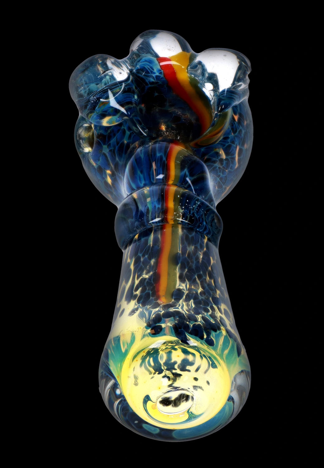 Front view of the 4.5-inch Fancy Stem Spoon Pipe, showcasing its swirled blue and clear glass construction.