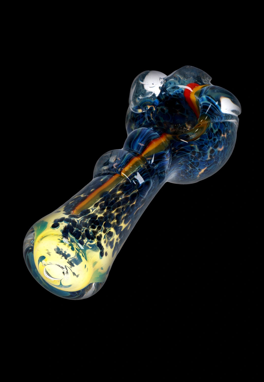 A side view of the 4.5-inch Fancy Stem Spoon Pipe, showcasing the swirling blue and white glass design.
