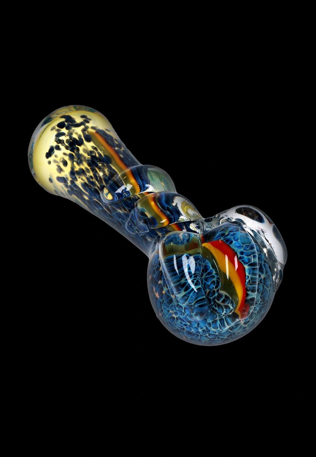A side view of the 4.5-inch Fancy Stem Spoon Pipe, showcasing its colorful glass swirl design.