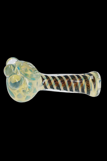 Front view of the 4.5-inch Dicro Spoon Pipe, showing a sleek, curved glass design with dichroic patterns.