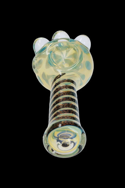 Hand-blown glass pipe with striped and swirled patterns.