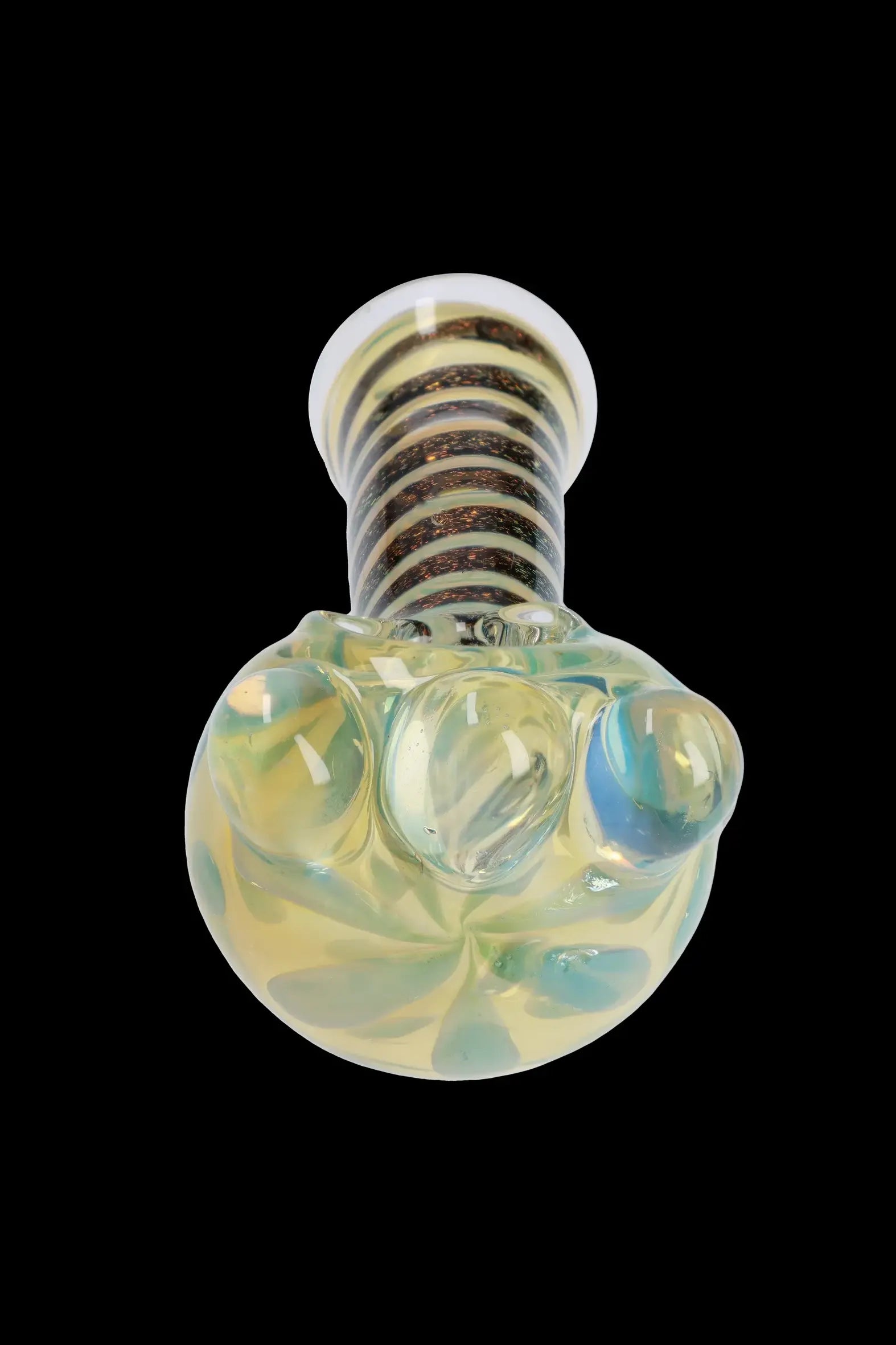 Iridescent glass cannabis water pipe with striped mouthpiece.
