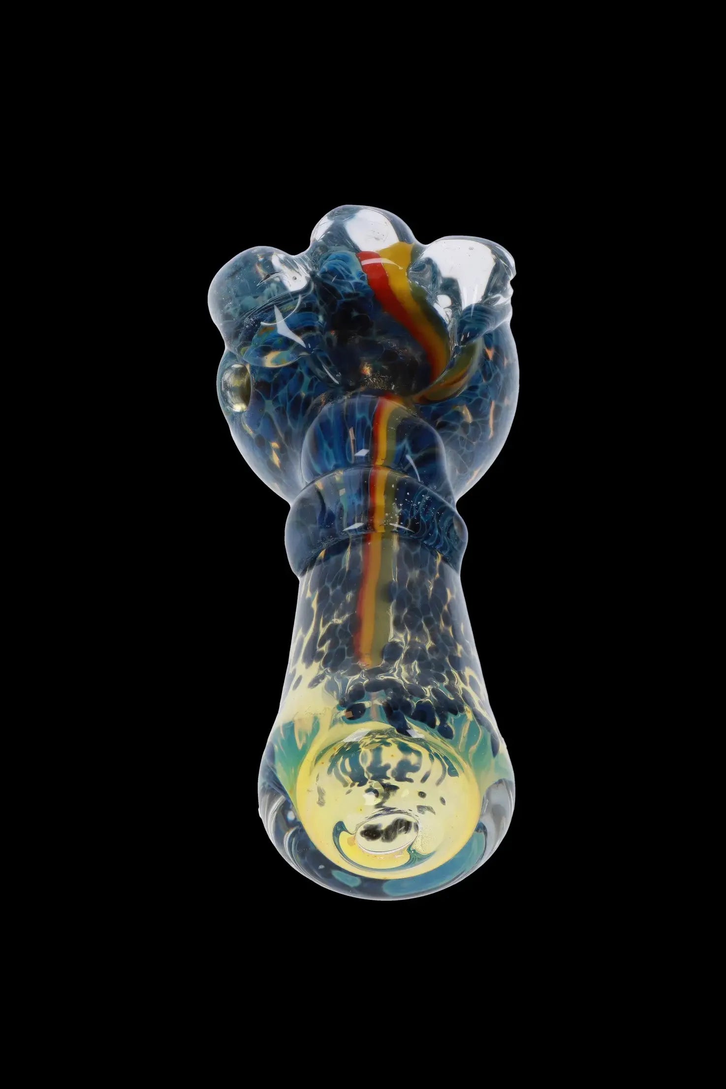 Blue and yellow glass pipe with rainbow accents against a black background.