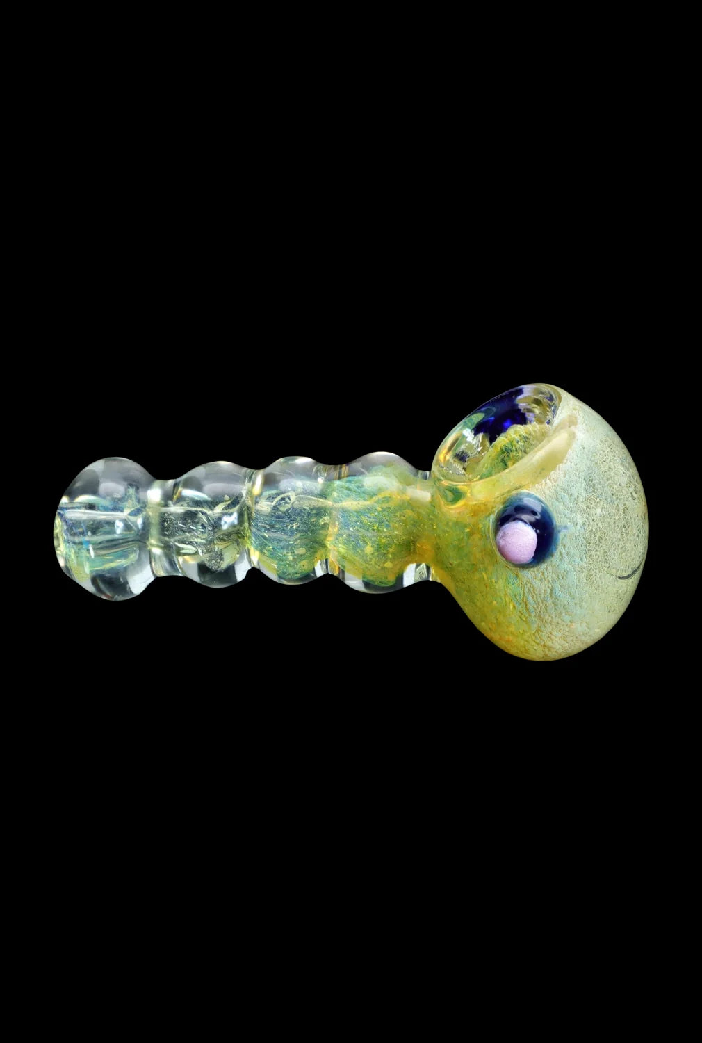 Green and clear glass pipe with bubbled handle, isolated on a black background.