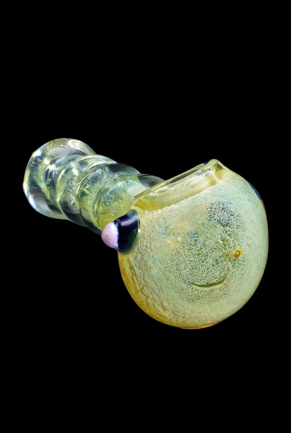Green glass pipe with iridescent swirls, isolated on a black background.