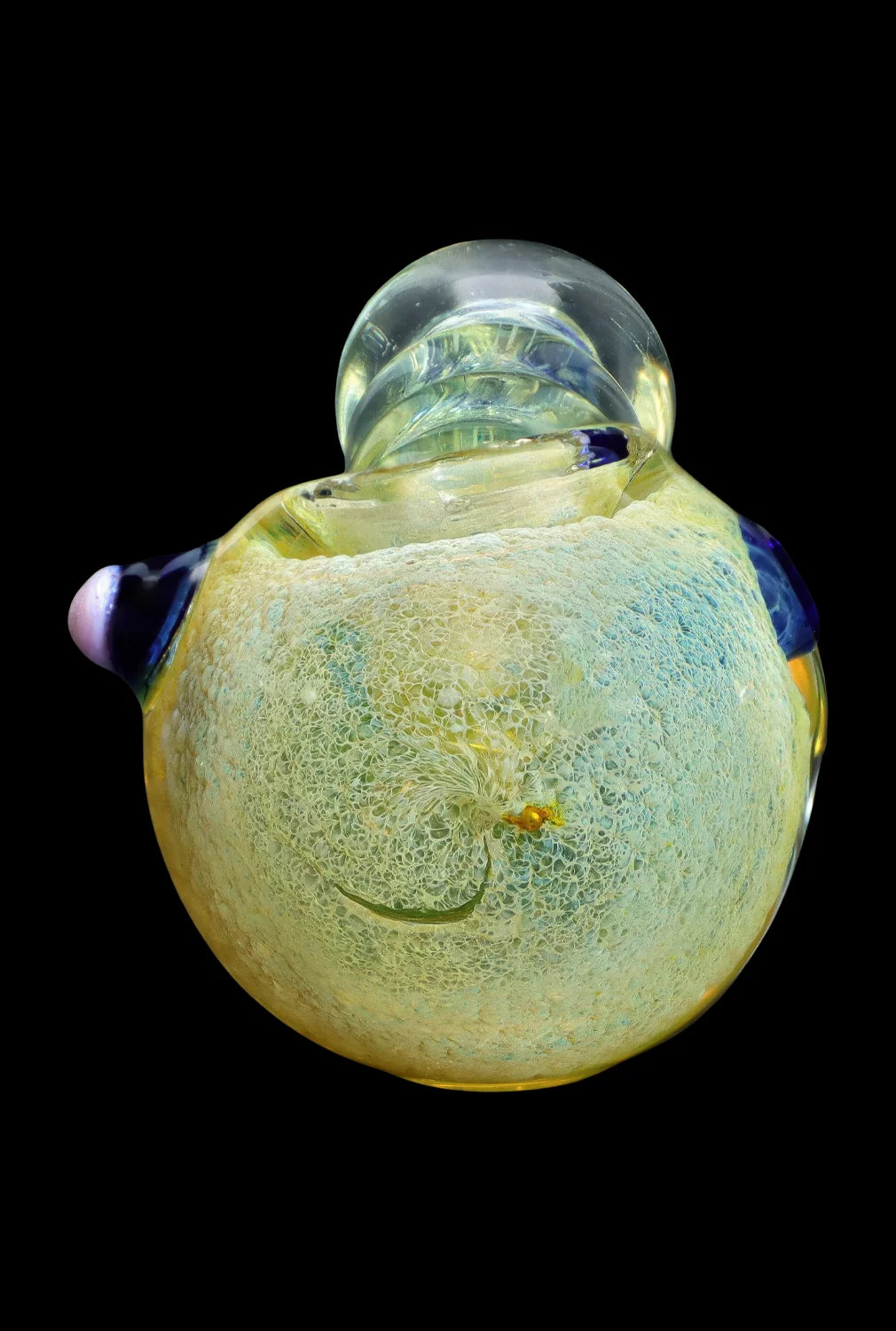 Hand-blown glass pipe with a speckled yellow and cream finish, set against a black background.