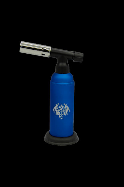 Blue butane torch with “Special Blue” logo, used for dabbing cannabis concentrates.