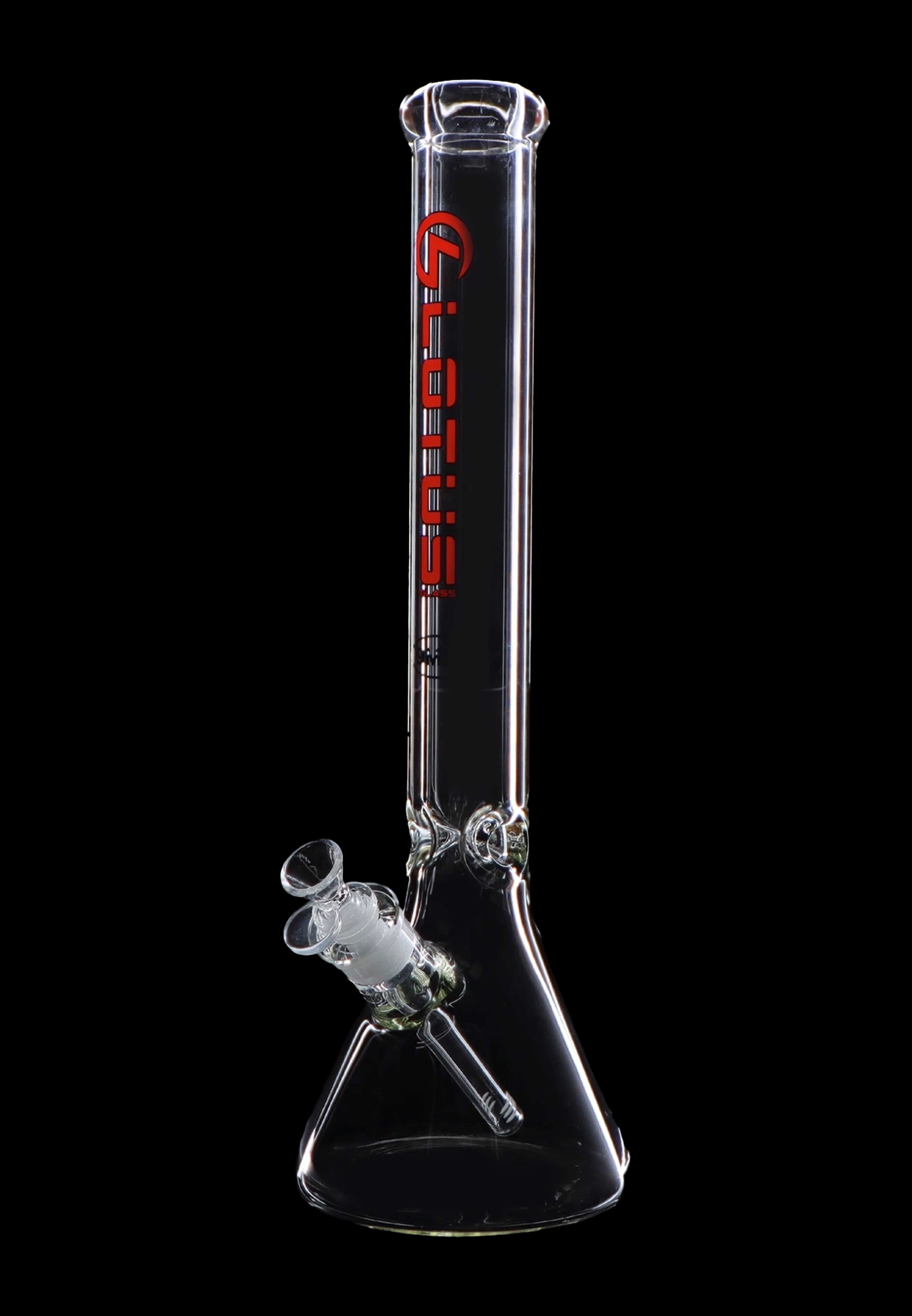 Clear glass bong with a flared base and ice pinches, featuring red lettering.