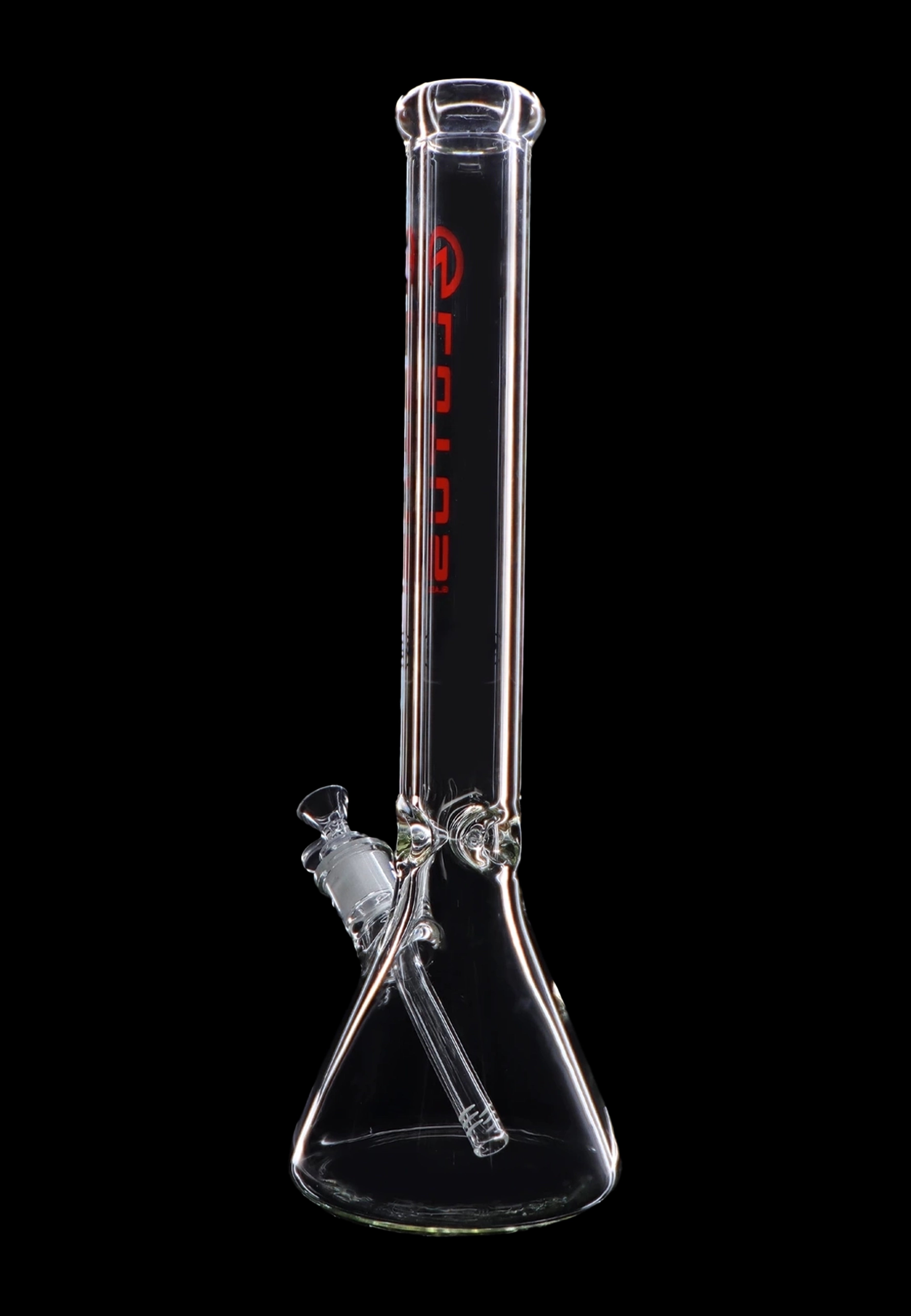 Clear glass bong with ice catch and downstem, isolated on a black background.