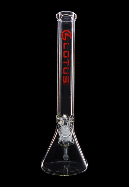 Clear glass bong with red logo, studio shot.
