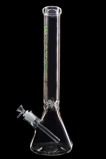 Glass bong with intricate green detailing, isolated on a black background.