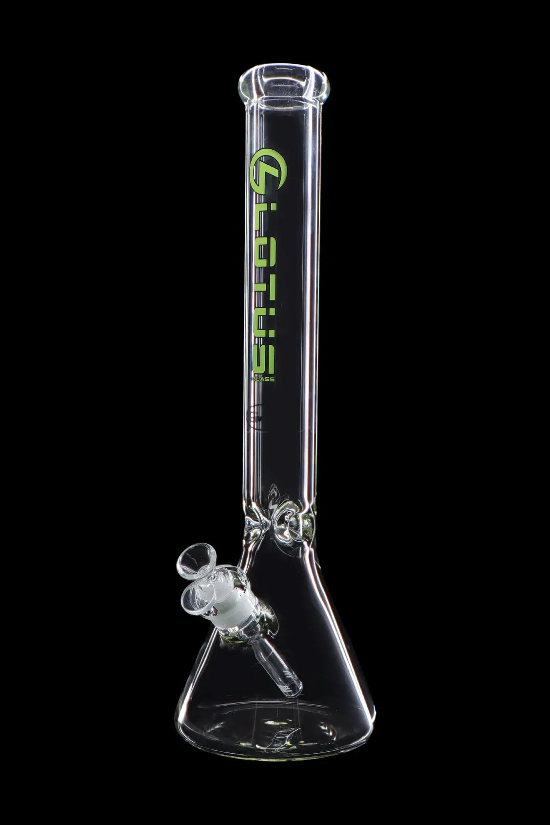 Glass bong with green lettering and a clear glass bowl.