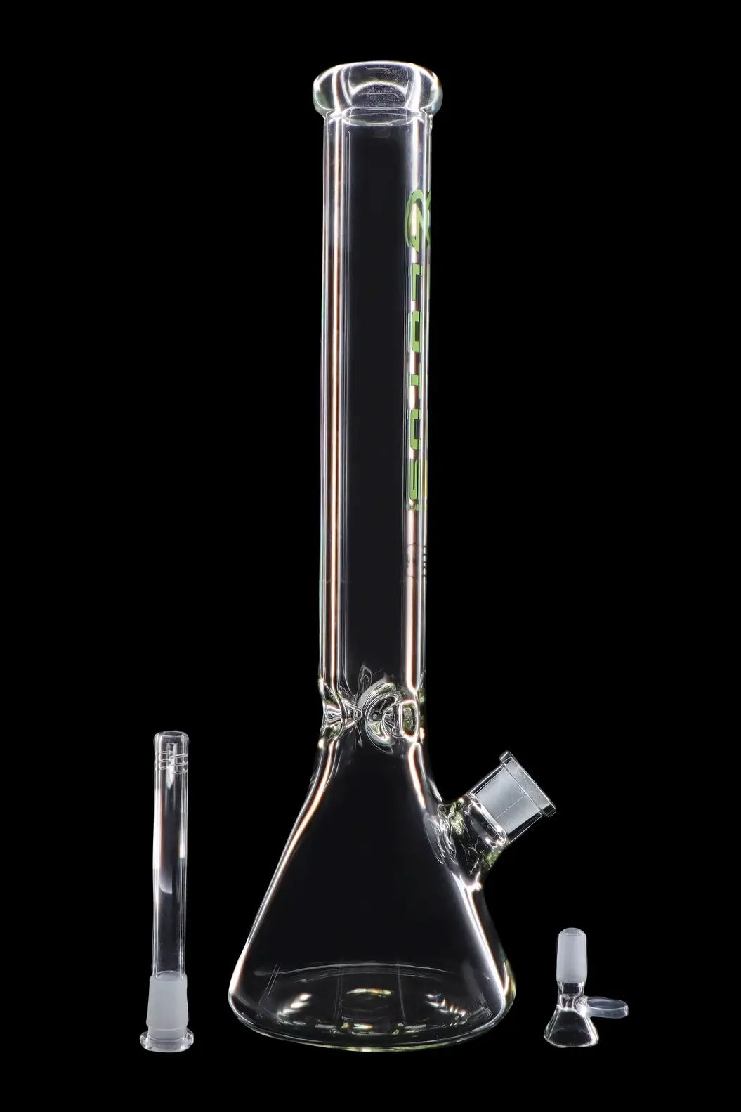 Glass bong with downstem and bowl displayed on a black background.