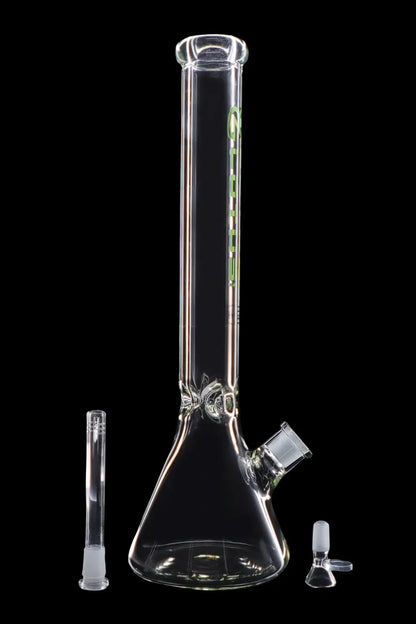 Glass bong with downstem and bowl displayed on a black background.