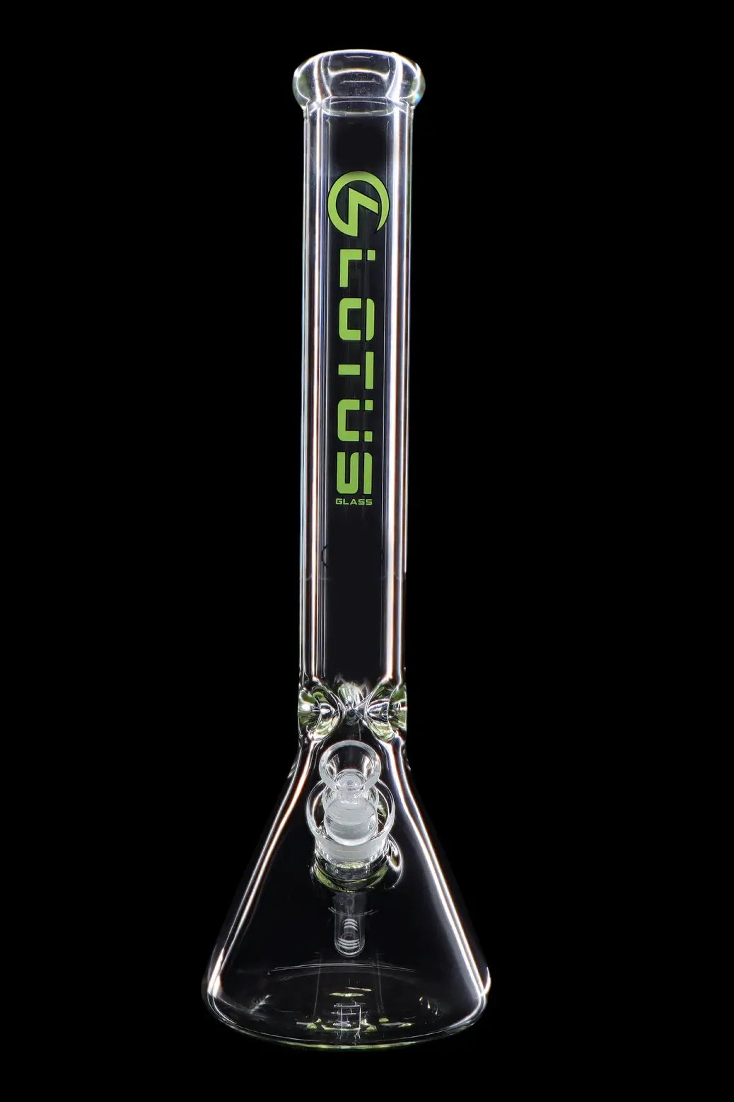 Glass bong with ice catcher and branded lettering against a black background.