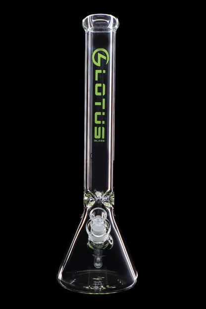 Glass bong with ice catcher and branded lettering against a black background.