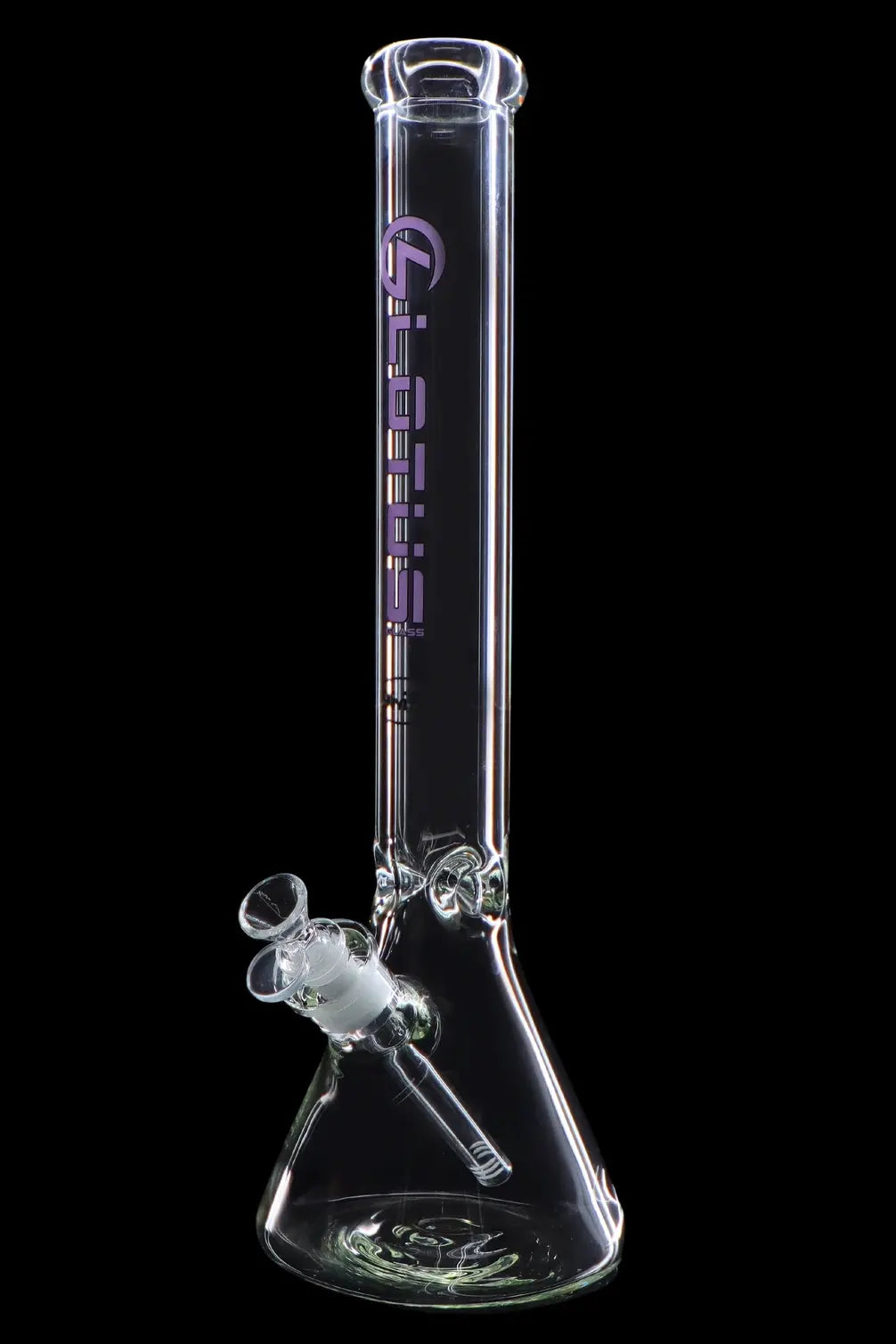 Clear glass bong with ice catch and intricate detailing, against a black background.