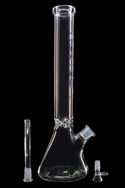 Clear glass bong with detachable downstem and bowl, isolated on a black background.