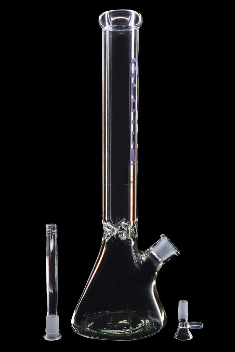 Clear glass bong with detachable downstem and bowl, isolated on a black background.
