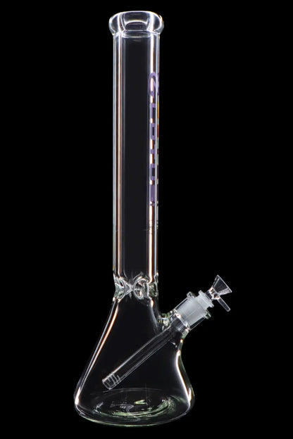 Clear glass bong with ice catch and removable downstem, isolated on a black background.