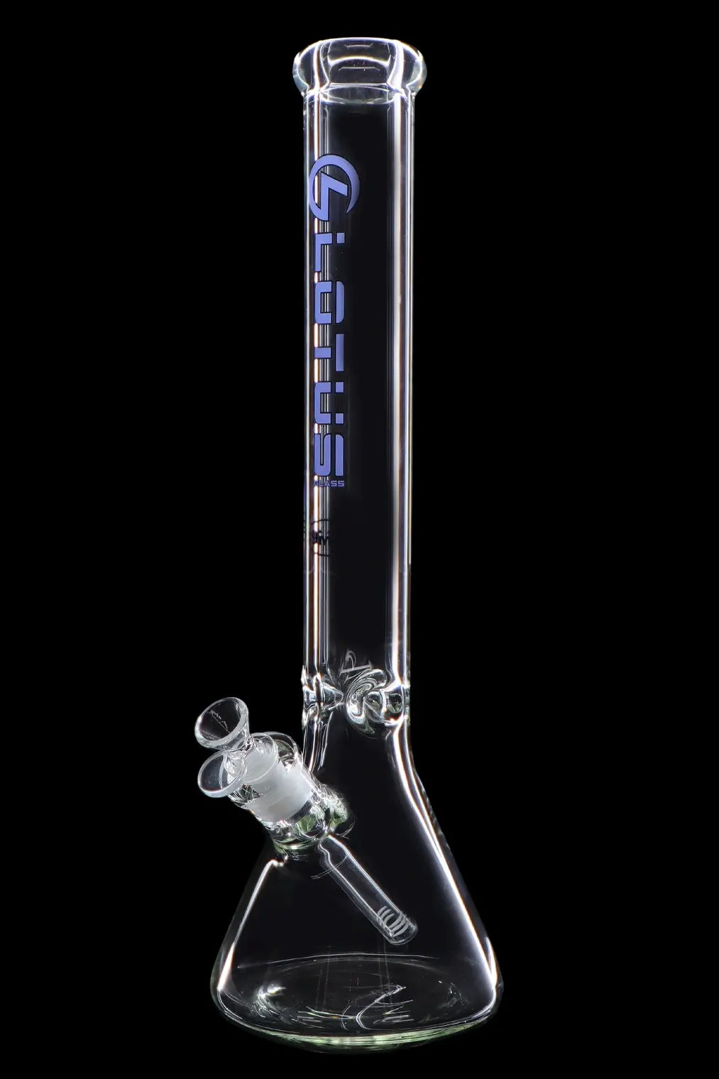 Clear glass bong with ice catcher and blue branding.