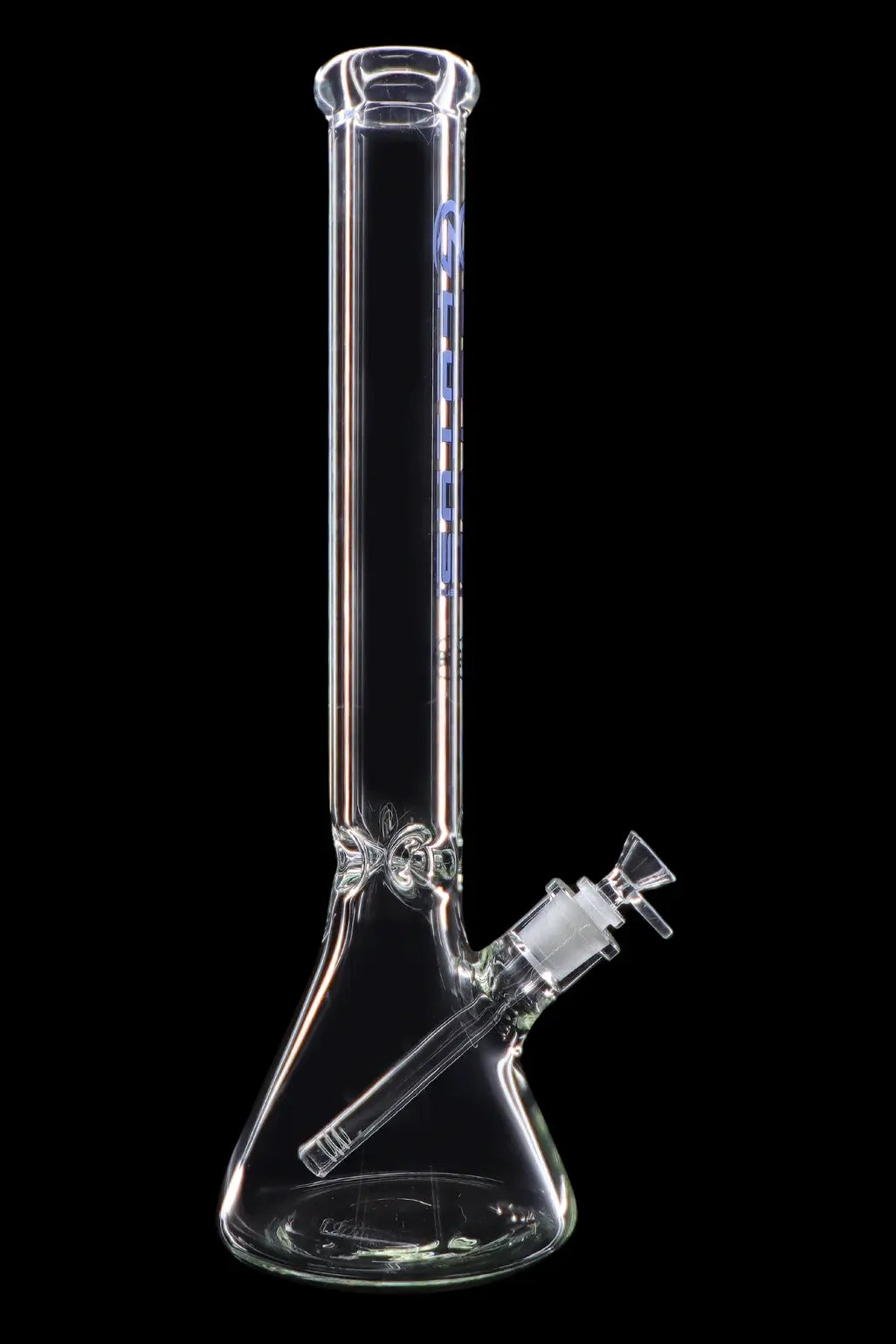 Clear glass bong with ice catcher and downstem against a black background.