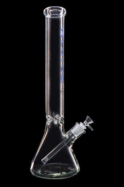 Clear glass bong with ice catcher and downstem against a black background.