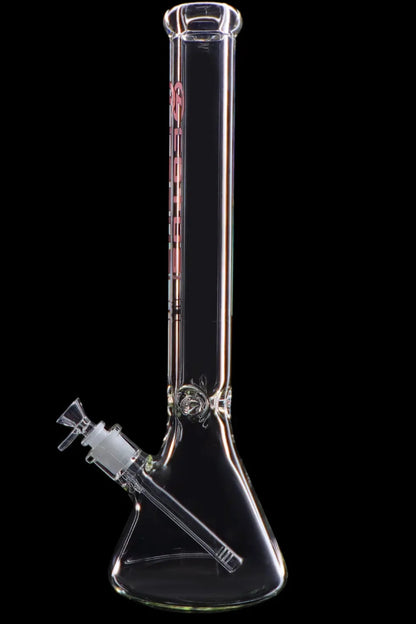 Clear glass bong with ice catch and elaborate percolator, isolated on black.