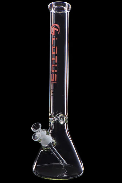 Glass bong with ice catcher, featuring red lettering and a clear glass base.