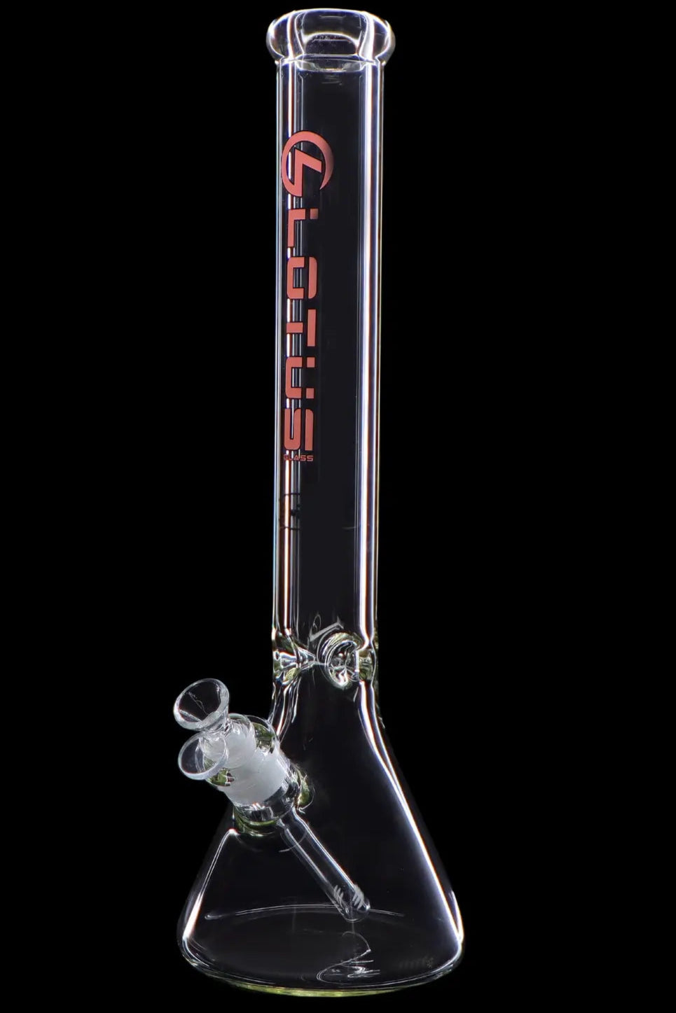 Glass bong with ice catcher, featuring red lettering and a clear glass base.